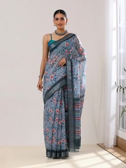 Garden VARELI - Women's Grey Floral Printed Mangalagiri Saree