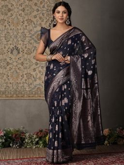 Garden VARELI - Women's Navy Blue Paisley Woven Silk Blend Banarasi Saree