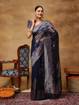 Garden VARELI - Women's Navy Blue Woven Silk Blend Banarasi Saree