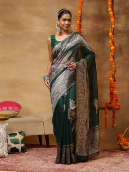Garden VARELI - Women's Green Floral Woven Silk Blend Banarasi Saree