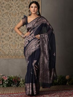 Garden VARELI - Women's Navy Blue Floral Woven Silk Blend Banarasi Saree