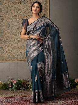 Garden VARELI - Women's Teal Floral Woven Silk Blend Banarasi Saree