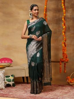 Garden VARELI - Women's Green Floral Silk Blend Banarasi Saree