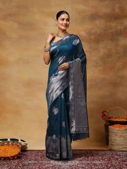 Garden VARELI - Women's Teal Floral Silk Blend Banarasi Saree