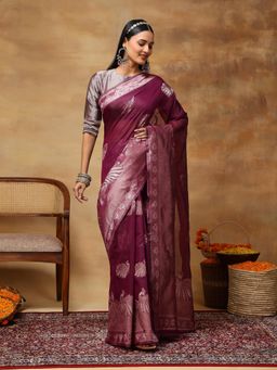 Garden VARELI - Women's Wine Floral Woven Silk Blend Banarasi Saree