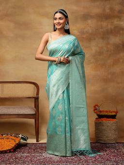 Garden VARELI - Women's Blue Woven Ethnic Motifs Art Silk Banarasi Saree