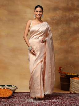 Garden VARELI - Women's Peach Woven Ethnic Motifs Art Silk Banarasi Saree