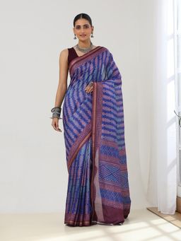 Garden VARELI - Women's Blue Abstract Printed Linen Blend Block Print Saree
