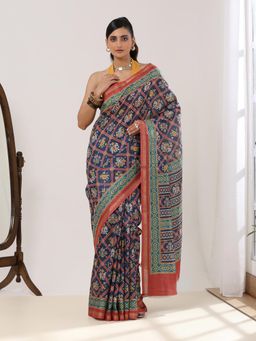 Garden VARELI - Women's Rust Abstract Printed Linen Blend Block Print Saree