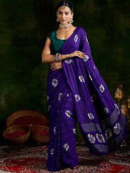 Libas - Purple Ethnic Motif Printed Moss Chiffon Saree with Unstitched Blouse Piece
