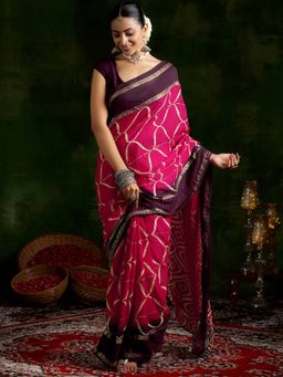 Libas - Pink Ethnic Motif Printed Moss Chiffon Saree with Unstitched Blouse Piece