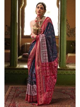 Mysilklove - Navy Blue Printed Patola Saree with Unstitched Blouse Piece