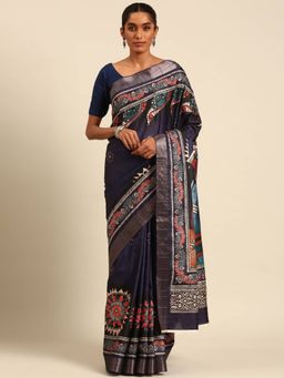 Sangam Prints - Navy Blue Cotton Digital Print Traditional Saree with Unstitched Blouse Piece