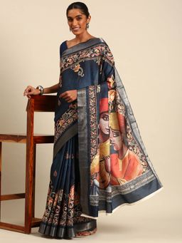 Sangam Prints - Navy Blue Cotton Digital Print Traditional Saree with Unstitched Blouse Piece
