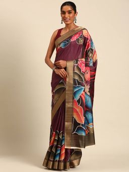 Sangam Prints - Wine Cotton Digital Print Traditional Saree with Unstitched Blouse Piece