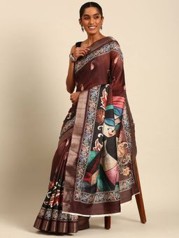 Sangam Prints - Brown Cotton Digital Print Traditional Saree with Unstitched Blouse Piece