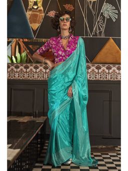 Mysilklove - Handloom Elm Blue Viscose Satin Handloom Saree with Unstitched Blouse Piece