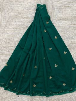 Palash - Green Hand Embroidered Embellished Silk Chanderi Bhamini Saree with Unstitched Blouse Piece