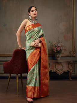 Silk Land - Handloom Green Heavy Pure Silk Woven Banarasi Saree with Unstitched Blouse Piece