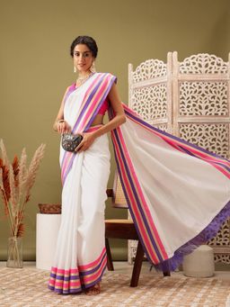 Silk Land - White with Zari Woven Handloom Saree with Unstitched Blouse Piece