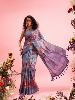 Silk Land - Blue Digital Banarasi Cotton Zari Woven Handloom Saree with Unstitched Blouse Piece