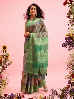 Silk Land - Green Printed Banarasi Cotton Zari Woven Handloom Saree with Unstitched Blouse Piece
