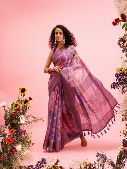 Silk Land - Lavender Printed Banarasi Cotton Zari Woven Handloom Saree with Unstitched Blouse Piece