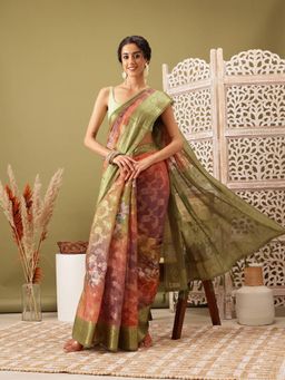 Silk Land - Olive Banarasi Cotton Zari Woven Handloom Saree with Unstitched Blouse Piece