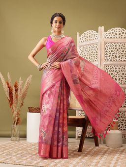 Silk Land - Pink Printed Banarasi Cotton Zari Woven Handloom Saree with Unstitched Blouse Piece