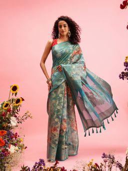 Silk Land - Teal Printed Banarasi Cotton Zari Woven Handloom Saree with Unstitched Blouse Piece