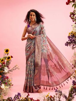 Silk Land - Grey Printed Banarasi Cotton Zari Woven Handloom Saree with Unstitched Blouse Piece