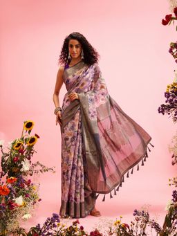 Silk Land - Lavender Printed Banarasi Cotton Zari Woven Handloom Saree with Unstitched Blouse Piece