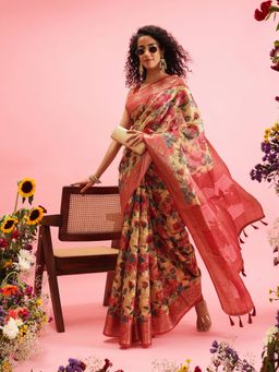 Silk Land - Mustard Printed Banarasi Cotton Zari Woven Handloom Saree with Unstitched Blouse Piece