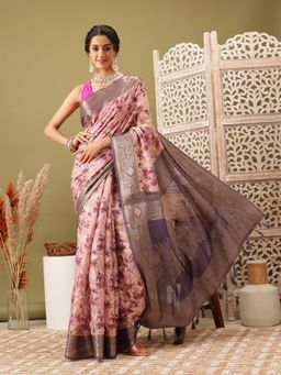 Silk Land - Pink Printed Banarasi Cotton Zari Woven Handloom Saree with Unstitched Blouse Piece