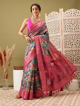 Silk Land - Teal Printed Banarasi Cotton Zari Woven Handloom Saree with Unstitched Blouse Piece