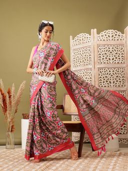 Silk Land - Multi Color Soft Silk Digital Printed Saree with Tassels & Unstitched Blouse Piece