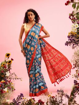 Silk Land - Teal Soft Silk Digital Printed Saree with Tassels & Unstitched Blouse Piece