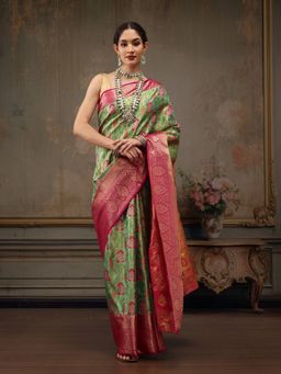 Silk Land - Handloom Green Heavy Pure Silk Woven Banarasi Saree with Unstitched Blouse Piece