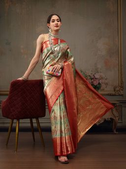 Silk Land - Handloom Multi Color Heavy Pure Silk Woven Banarasi Saree with Unstitched Blouse Piece