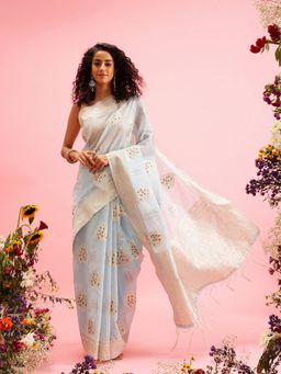 Silk Land - Light Blue Silver Threads Work Saree with Pallu & Tassels & Unstitched Blouse Piece