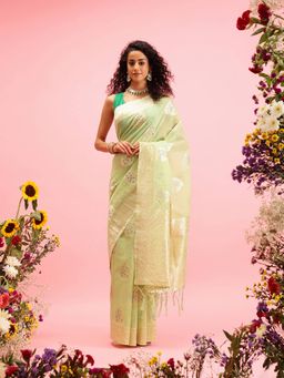 Silk Land - Light Green Silver Threads Work Saree with Pallu & Tassels & Unstitched Blouse Piece