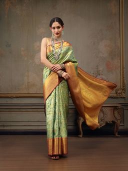 Silk Land - Handloom Green Heavy Pure Silk Woven Banarasi Saree with Unstitched Blouse Piece
