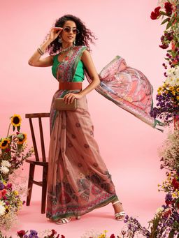 Silk Land - Peach Chanderi Saree with Madhubani Radhe Krishna Design & Unstitched Blouse Piece
