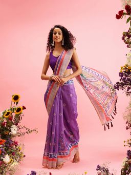 Silk Land - Purple Chanderi Saree with Madhubani Radhe Krishna Design & Unstitched Blouse Piece