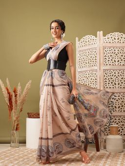 Silk Land - Beige Chanderi Saree with Madhubani Radhe Krishna Design & Unstitched Blouse Piece