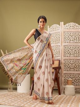 Silk Land - Beige Chanderi Saree with Madhubani Radhe Krishna Design & Unstitched Blouse Piece