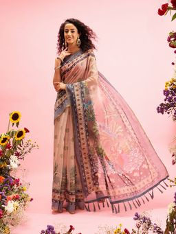 Silk Land - Multi Color Chanderi Saree with Madhubani Radhe Krishna & Unstitched Blouse Piece