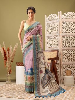 Silk Land - Pink Chanderi Saree with Madhubani Radhe Krishna Design & Unstitched Blouse Piece