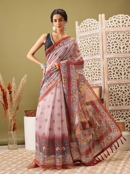 Silk Land - Rust Chanderi Saree with Madhubani Radhe Krishna Design & Unstitched Blouse Piece
