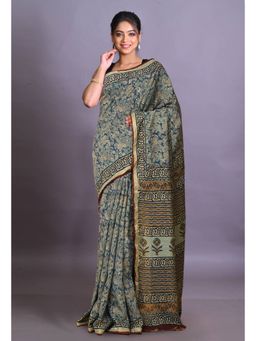 Unnati Silks - Blue Pure Bagri Printed Pashmina Sico Saree with Unstitched Blouse Piece